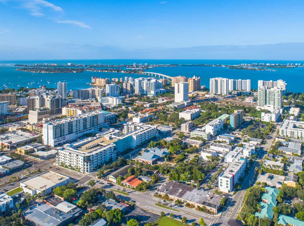 Skyline view of Sarasota with the ocean in the background during daytime