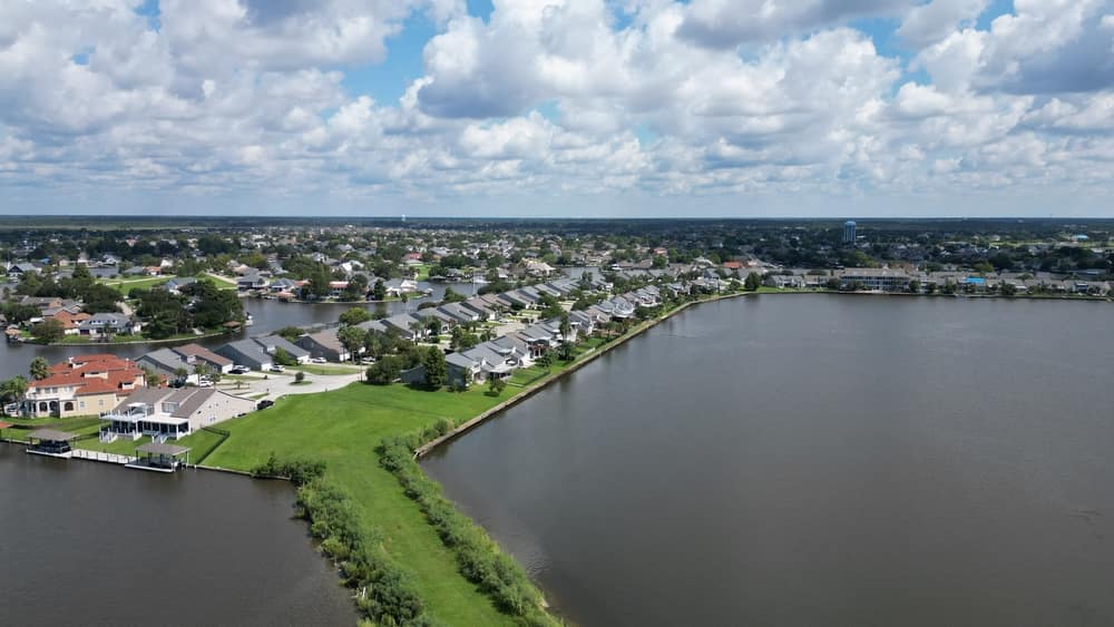 Aerial view of homes and water in Slidell, LA
