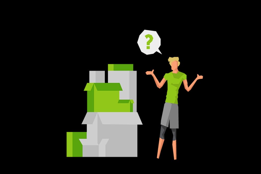 A person next to moving boxes and a question mark above his head