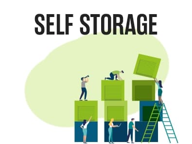 Self Storage: People stacking storage units together.