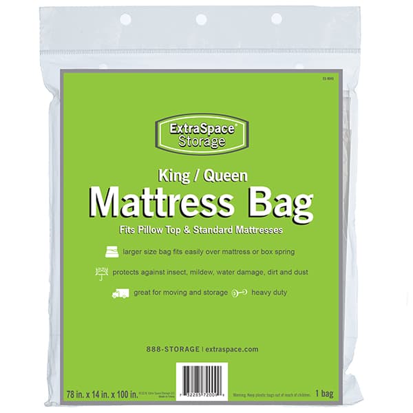 Product image of a King/Queen size mattress bag protective cover with Extra Space Storage branding.