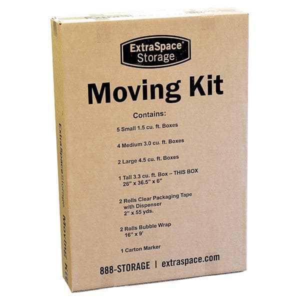 Product image of a moving kit box with Extra Space Storage branding and a list of included items.