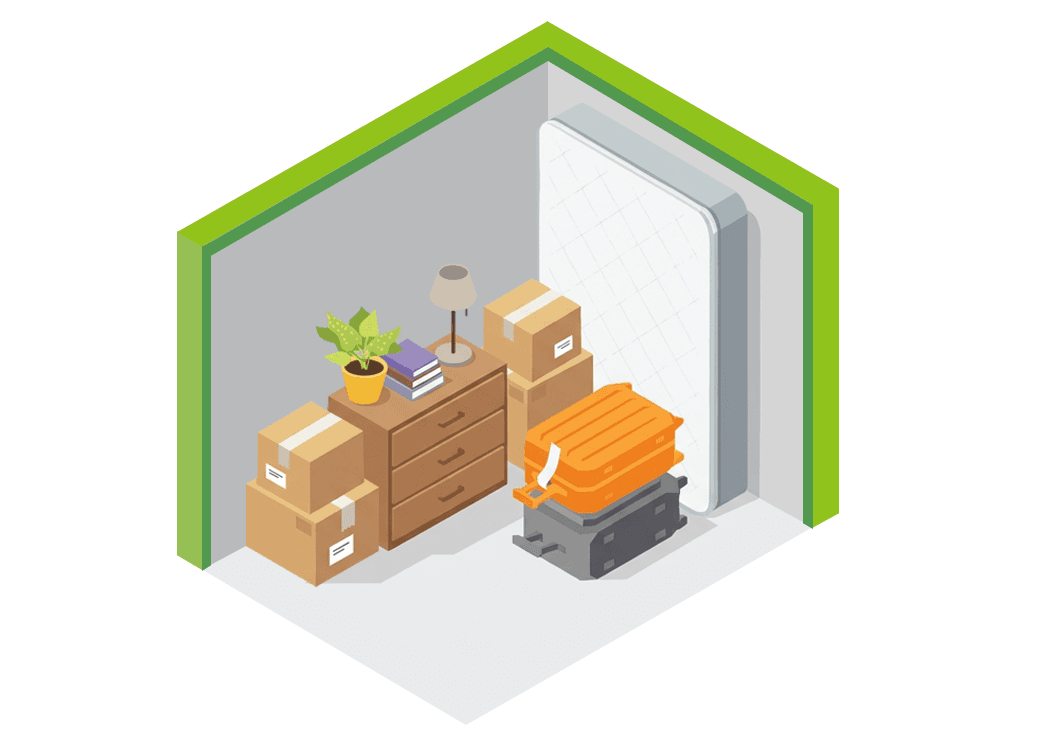 The inside of a storage unit with common bedroom items like, a mattress, nightstand, suitcases, and boxes.