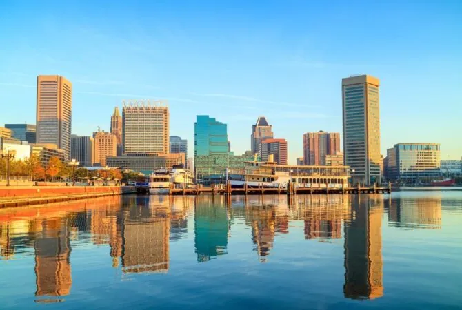 Baltimore skyline on clear day at sunset with mirror image in water