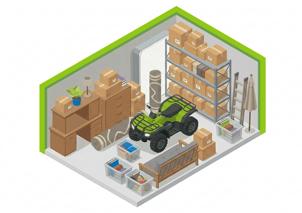 Storage unit multi-bedroom contents like ATV mattress, futon, desks, dresser, boxes, rugs, and other household items