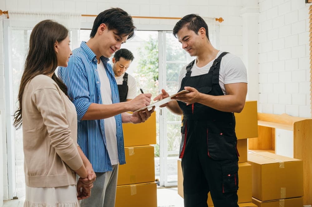 Couple in new house surrounded by boxes and signing paper on a clipboard held by a professional mover.