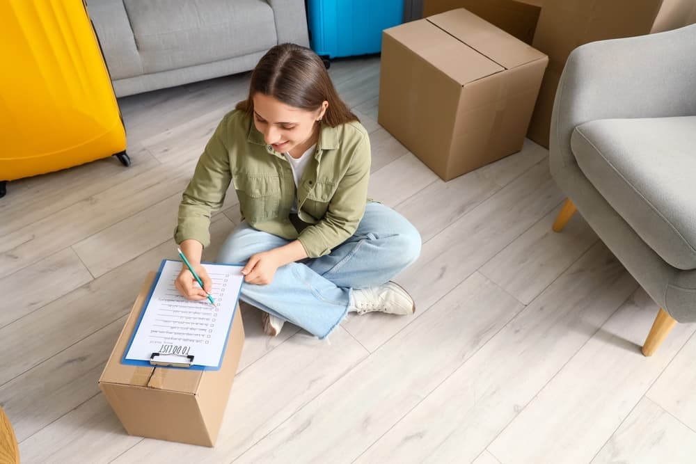 Woman using a checklist while packing her home for a move