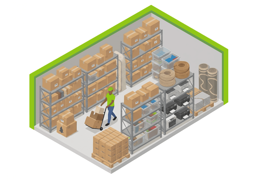 A graphic of a large storage unit filled with business inventory, equipment, and storage shelves.