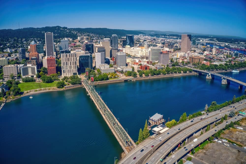 Aerial view of downtown Portland, OR