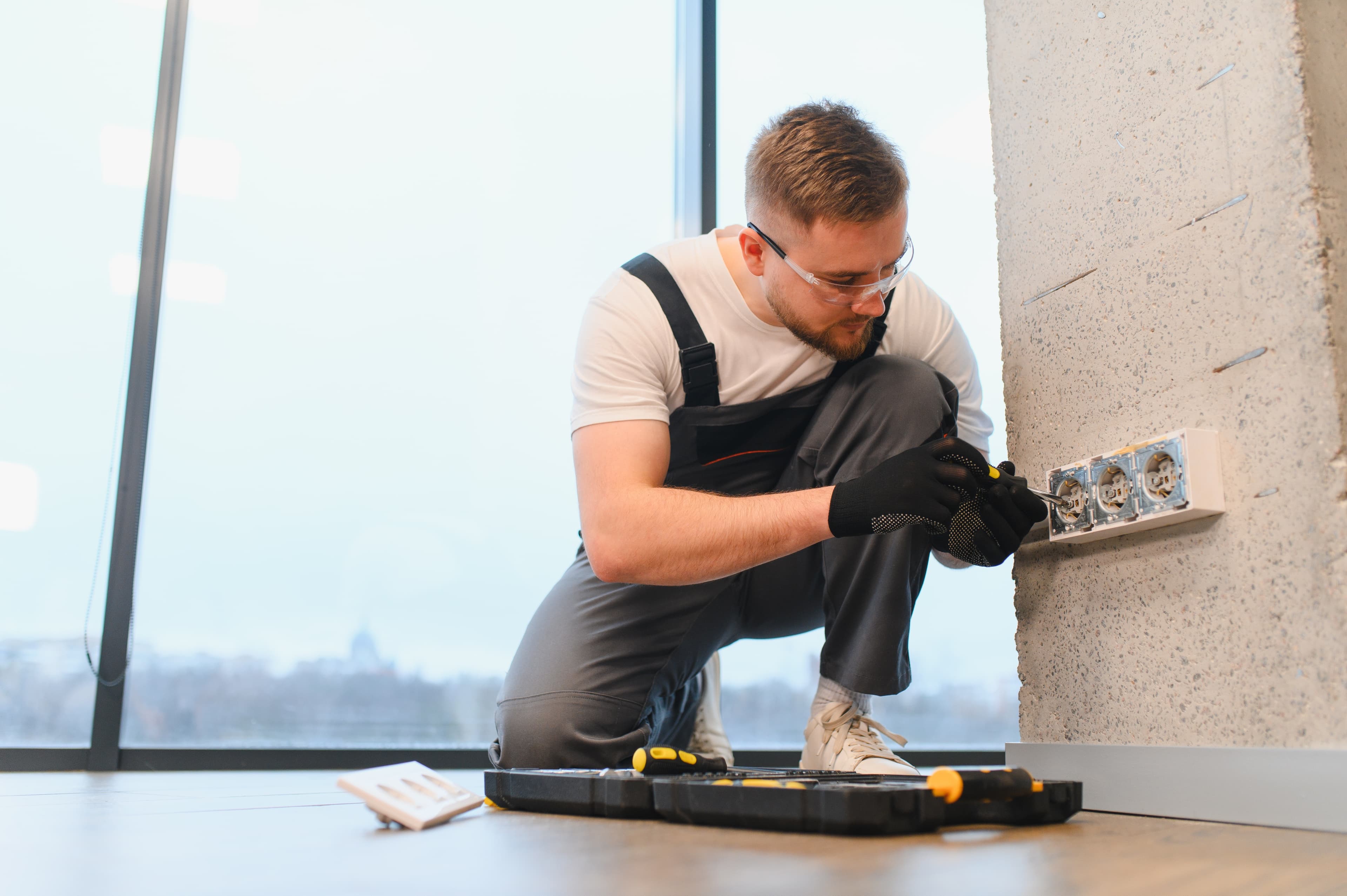 Electrician in safety glasses kneeling to install an outlet on a concrete wall, tool case open nearby