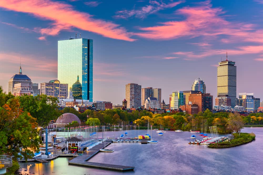 Boston, Massachusetts cityscape at dusk
