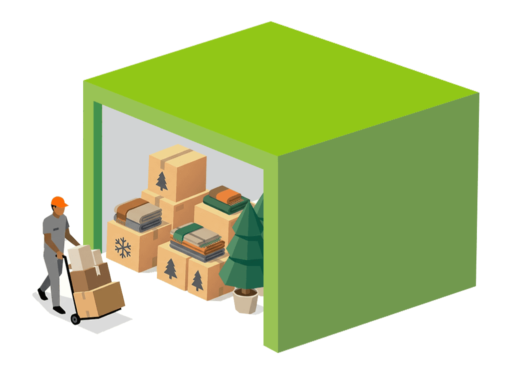Graphic of an employee storing their business inventory and supplies in a storage unit.