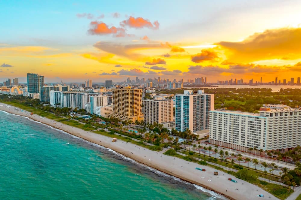Skyline aerial view of Miami, FL at dusk