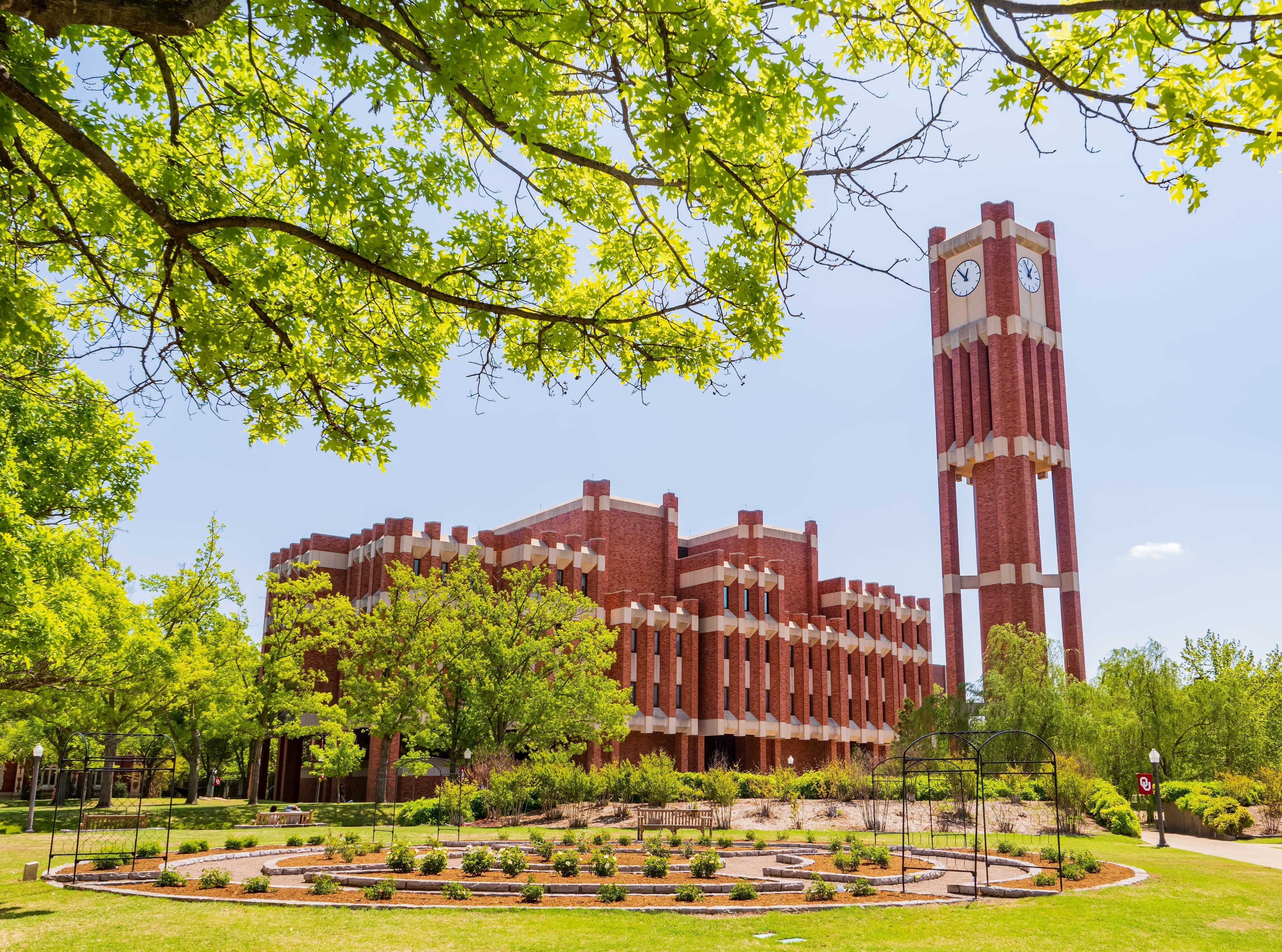 View of the University of Oklahoma campus in Norman featuring a red brick building, tall clock tower, green lawns, and tree-lined walkways