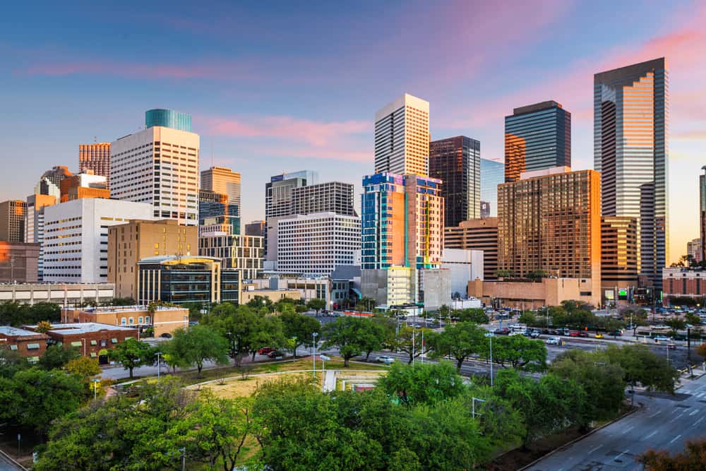 Skyline image of Houston at sunset