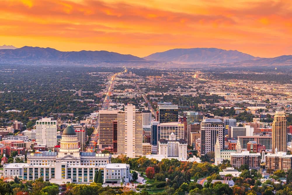 Downtown skyline view of Salt Lake City at dusk