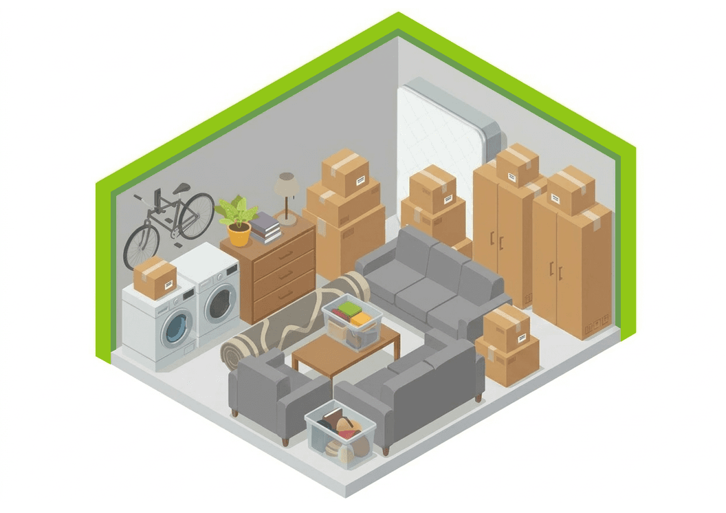 The inside of a storage unit filled with the contents of a two to three bedroom home.