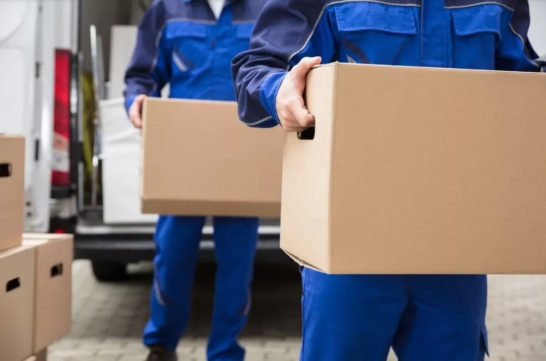 Professional movers holding moving boxes