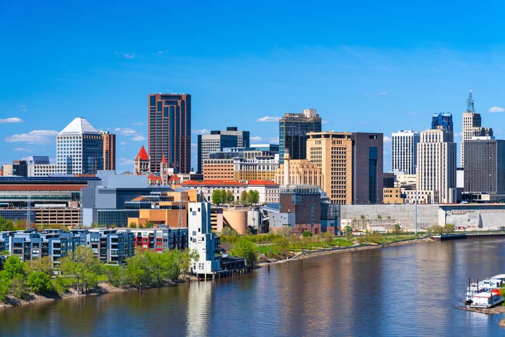 Minneapolis waterfront city skyline on clear day