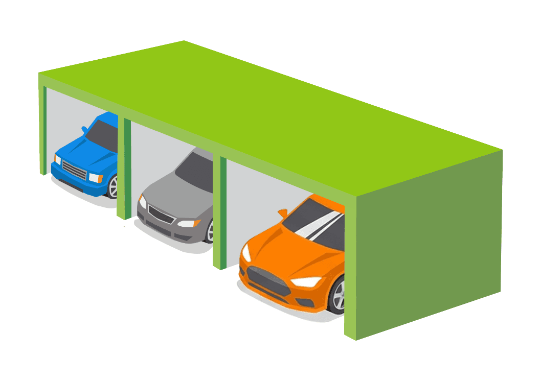 Three-bay drive-up storage units with one car parked in each covered stall.