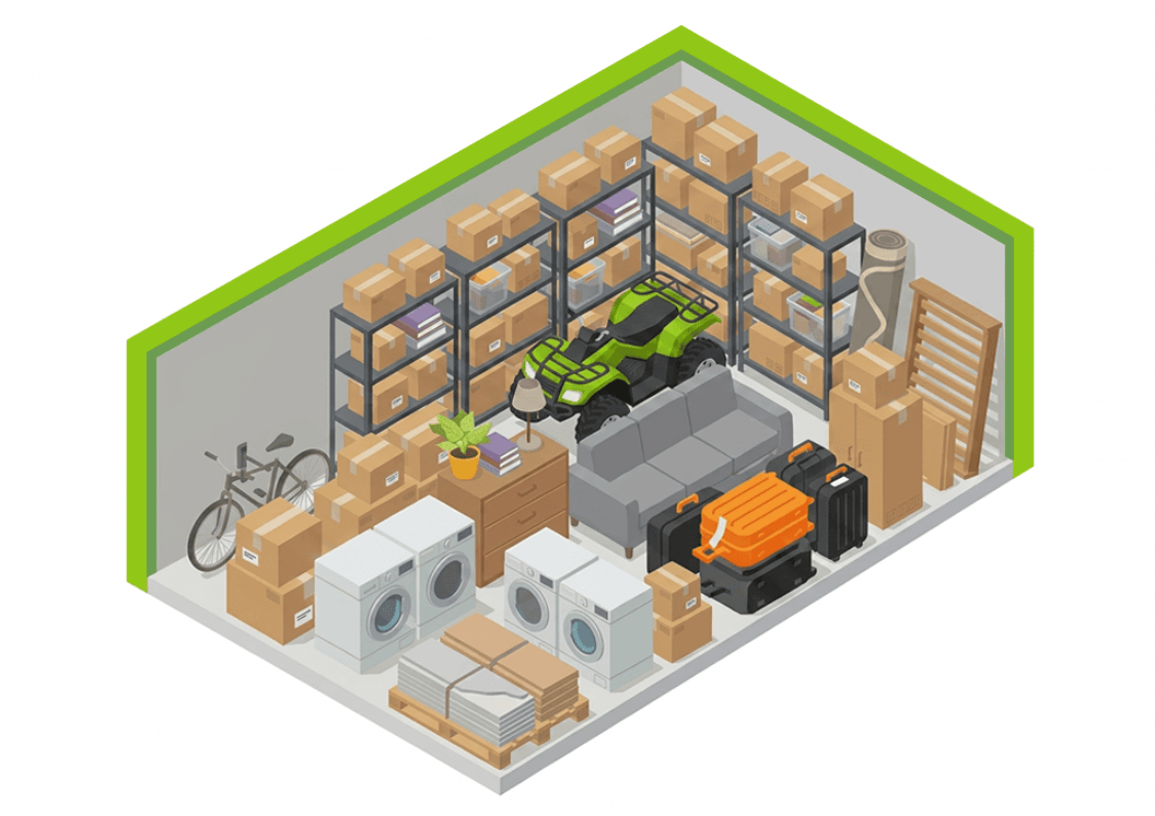A graphic of a storage unit full of household items like a couch, washer and dryer, and moving boxes.