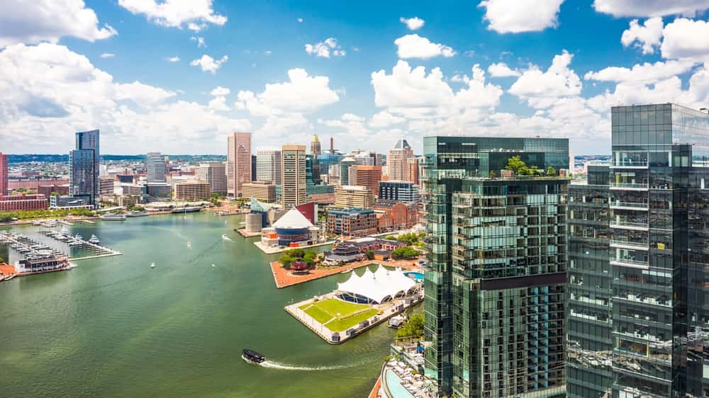 Inner Harbor aerial view in Baltimore, MD on cloudy day