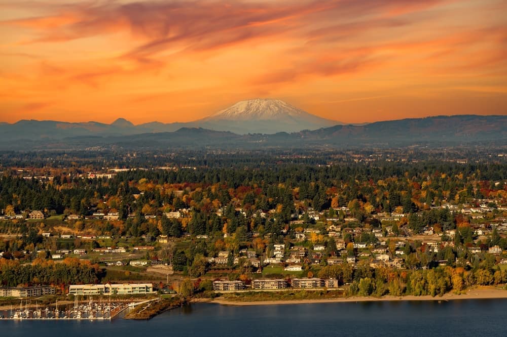 Aerial view of Vancouver, WA at sunset.