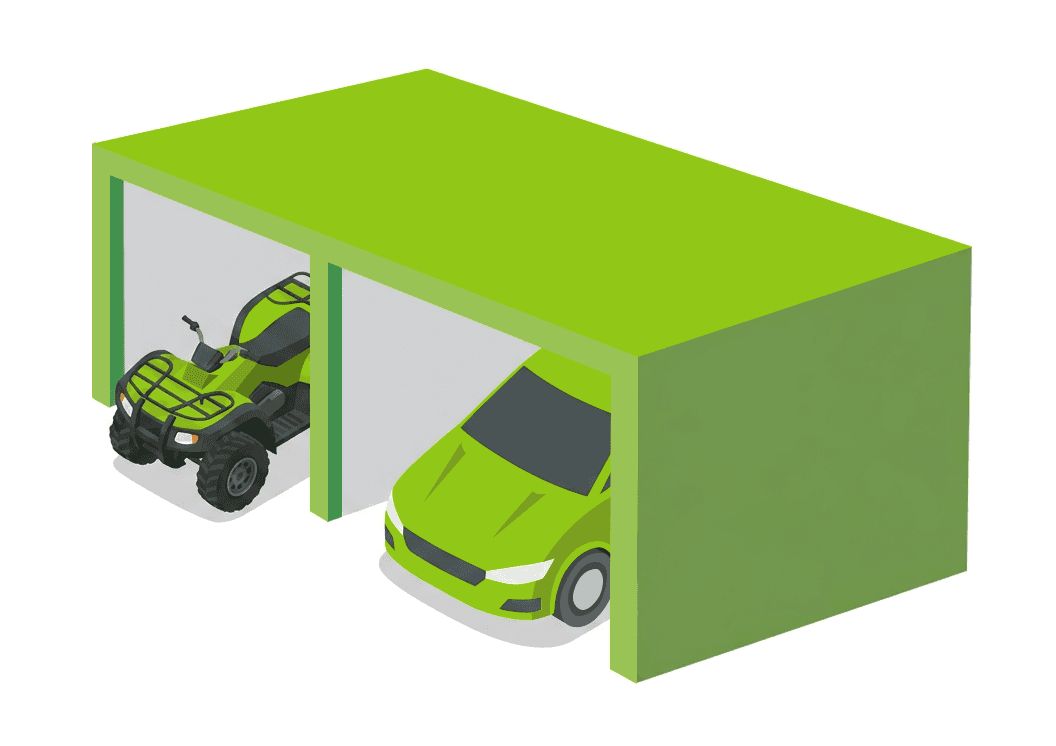A graphic of 2 open storage units with an ATV in one unit and a car in the other.