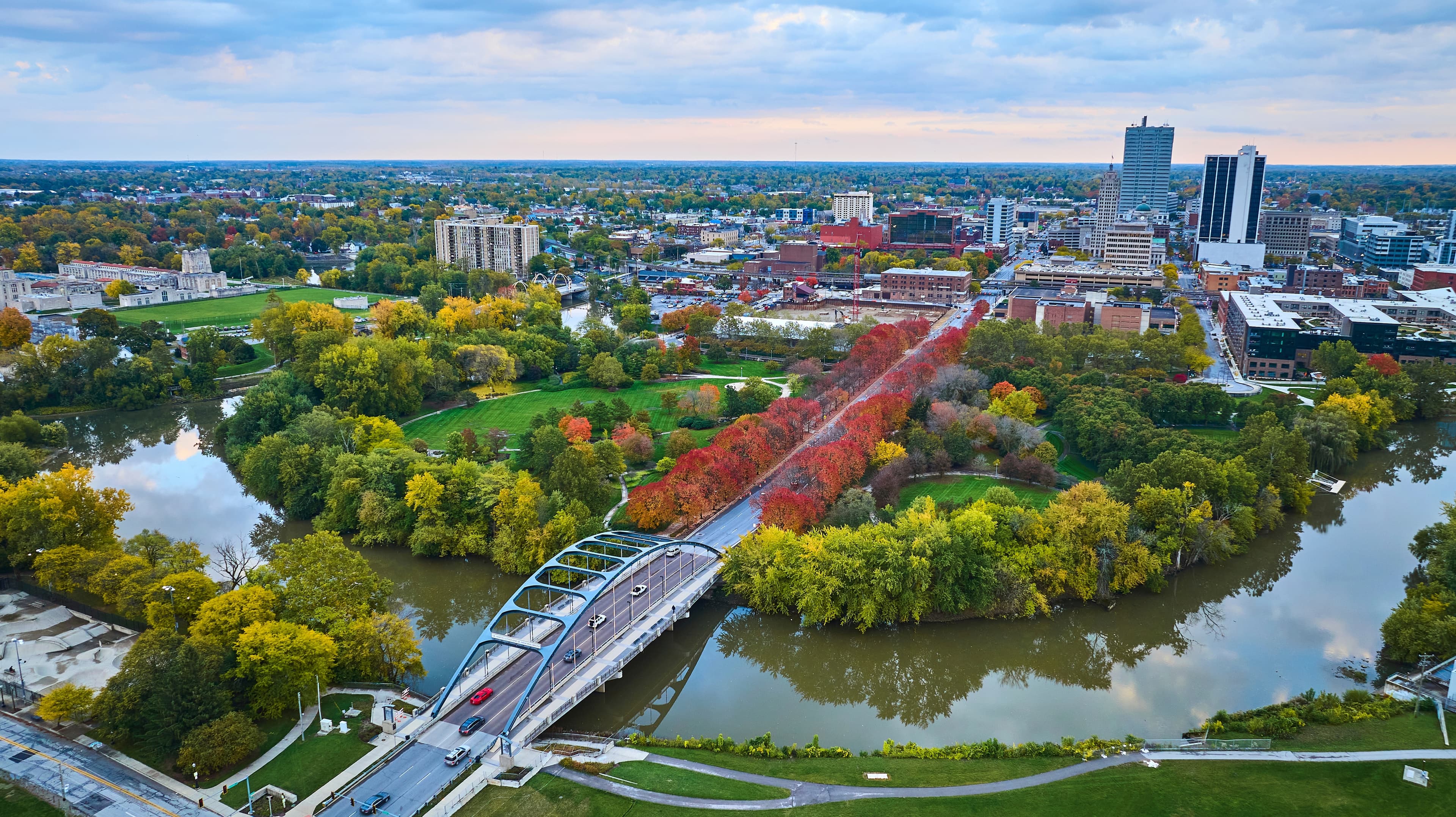 Aerial view of Fort Wayne, IN in the fall.