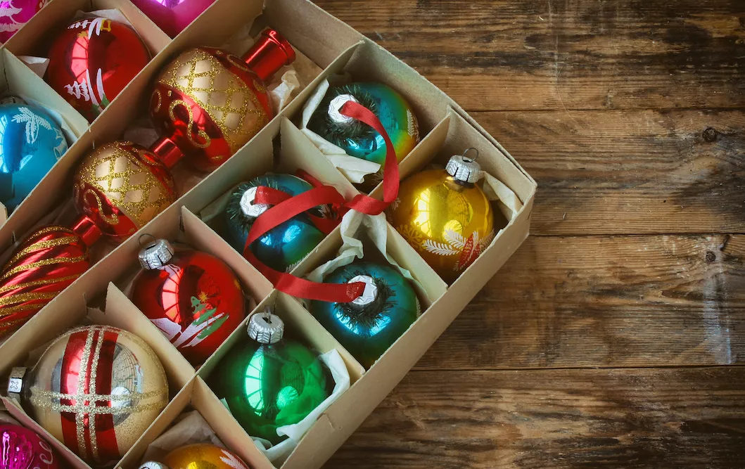 Holiday ornaments in storage box