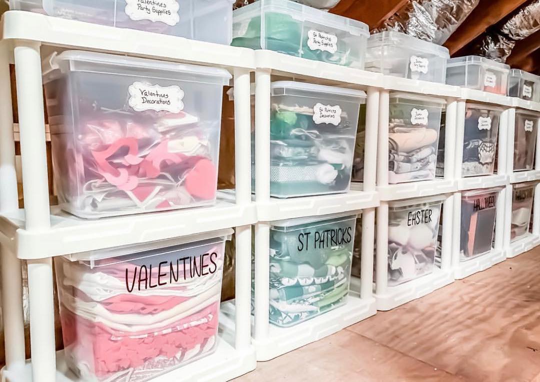 Holiday decorations organized in labeled bins. Photo by Instagram user @@ocd.nicolehildreth