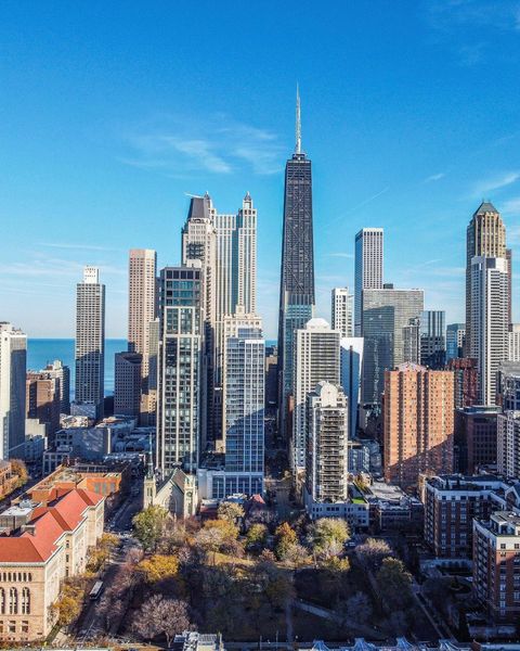 Chicago City Skyline with Blue Sky Photo via Instagram User: @chidrone