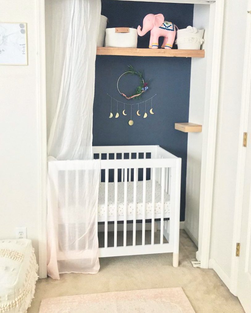 Baby nursery set up in closet. Photo by Instagram user @babyletto