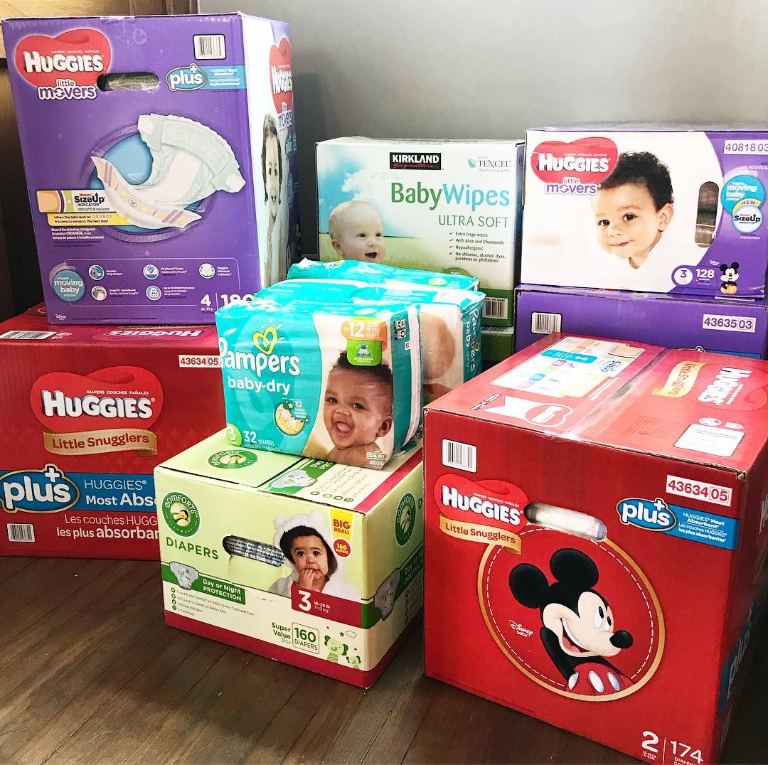 Boxes of baby diapers. Photo by Instagram user @coffeeandcoos