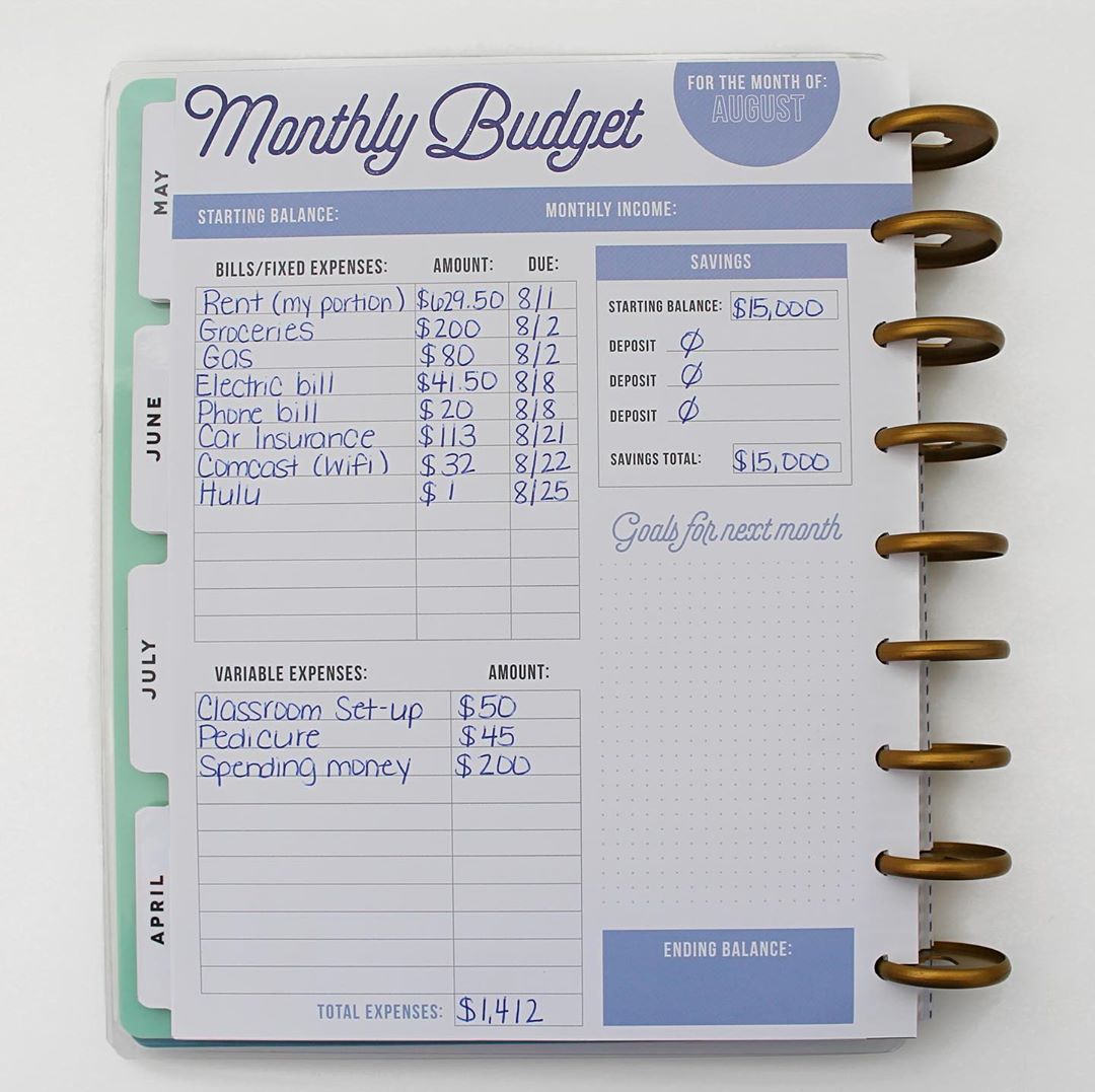 Monthly budget planner. Photo by Instagram user @frugalteacher