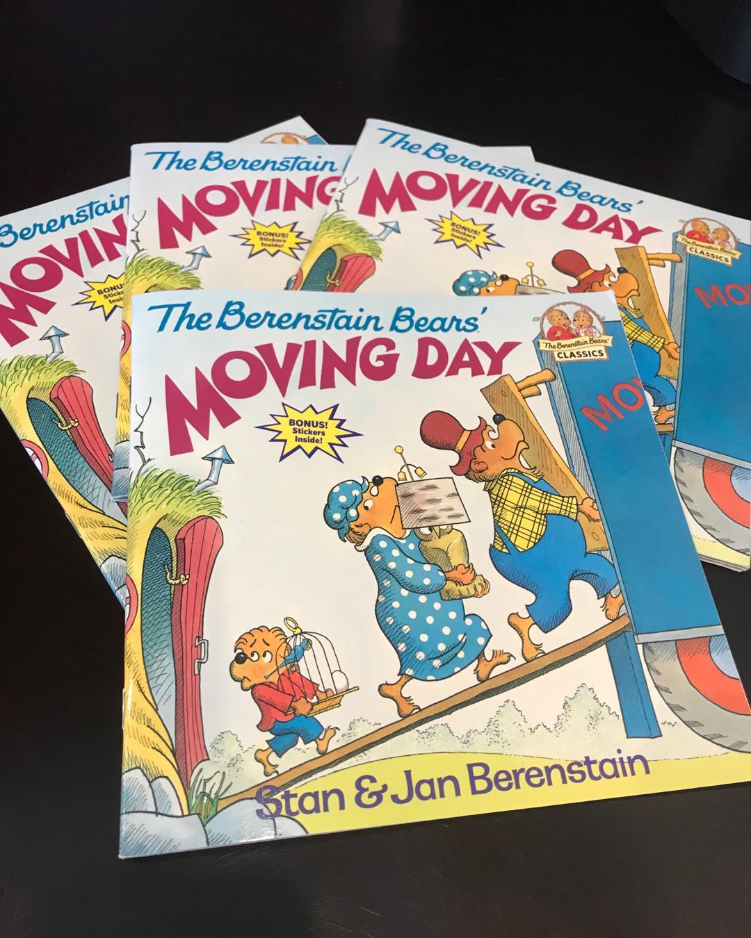 Copies of the Berenstain Bears Moving Day book. Photo by Instagram user @sarah.tiltlane