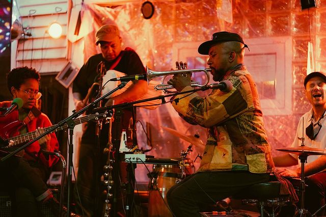 Ben LaMar Gay playing Trumpet inside of the Hideout Inn in Chicago. Photo by Instagram user @ricardoeadame