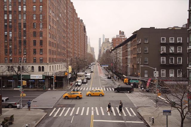 View of a New York City street with yellow taxi cabs and a pedestrian crosswalk. Photo by Instagram user @home_soiree