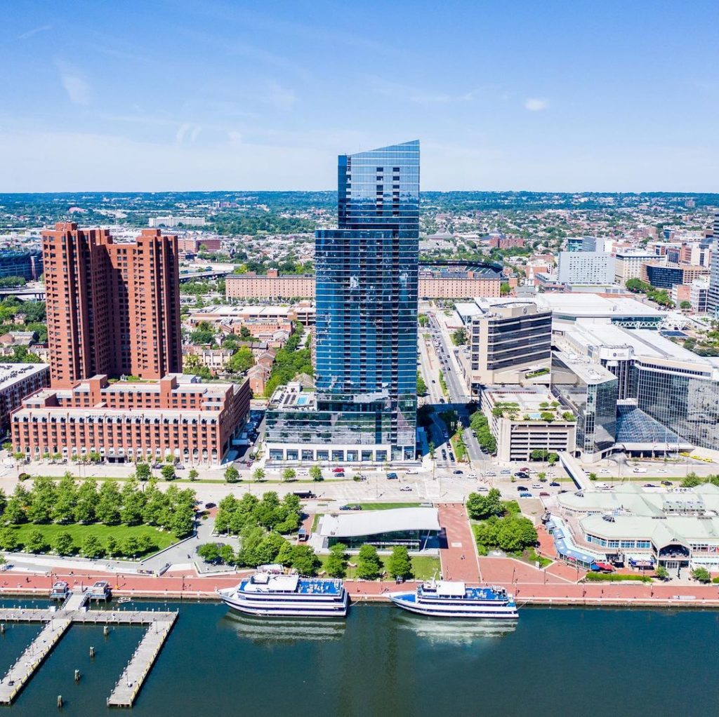 Glass and metal high-rise apartment in Inner Harbor Baltimore 