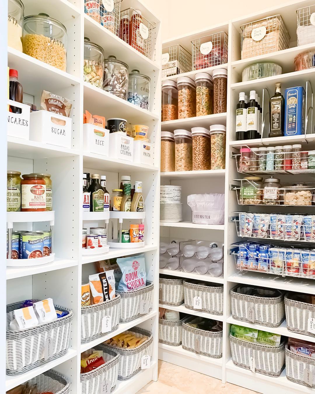 Organized pantry with bins and baskets. Photo by Instagram user @theprojectneat
