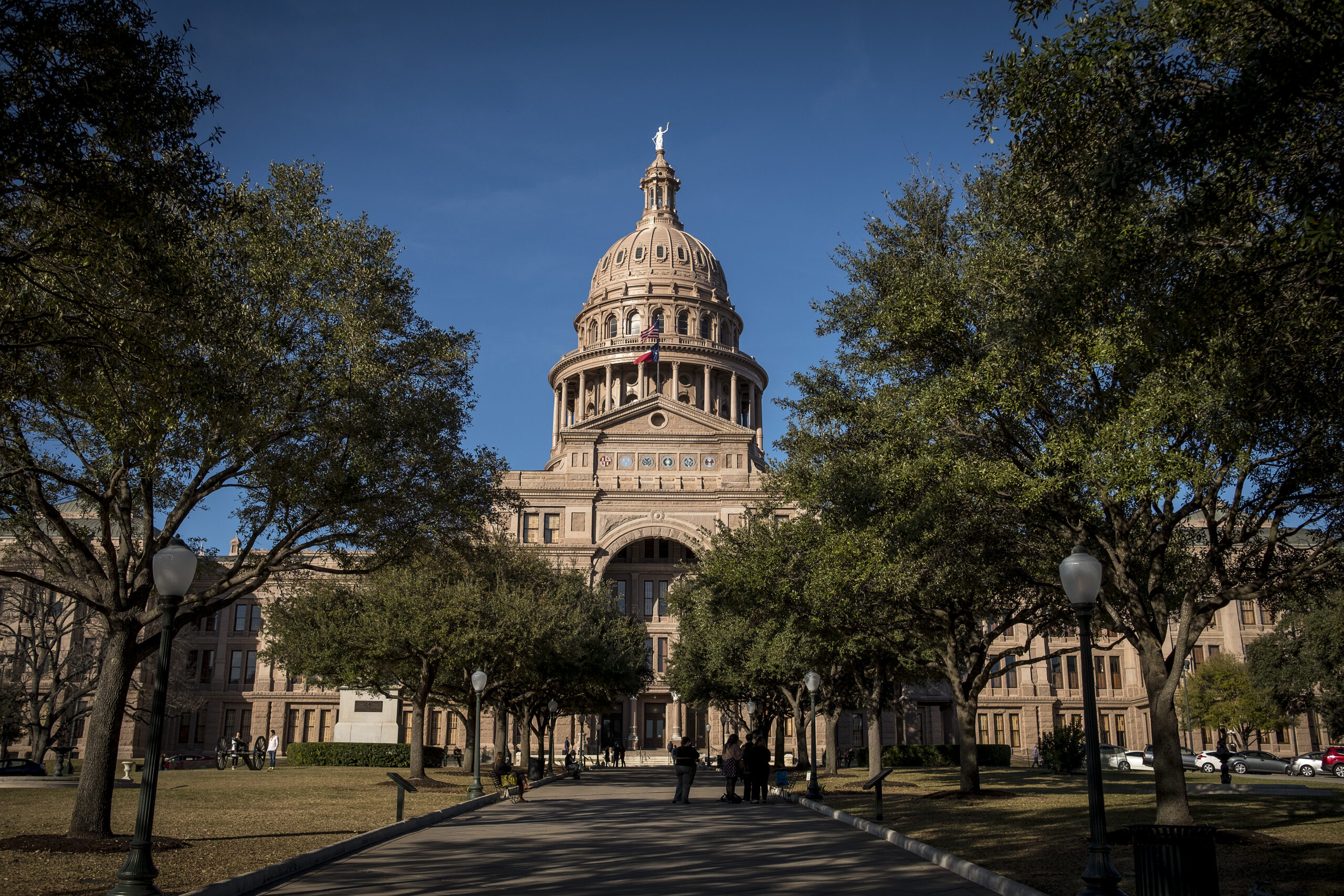 Austin, TX capitol building with trees lined up the sidewalk