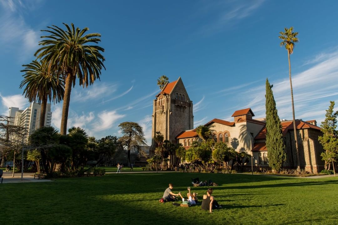 Students relaxing on the Tower Lawn Green Space at San Jose State University. Photo by Instagram user @sjsu