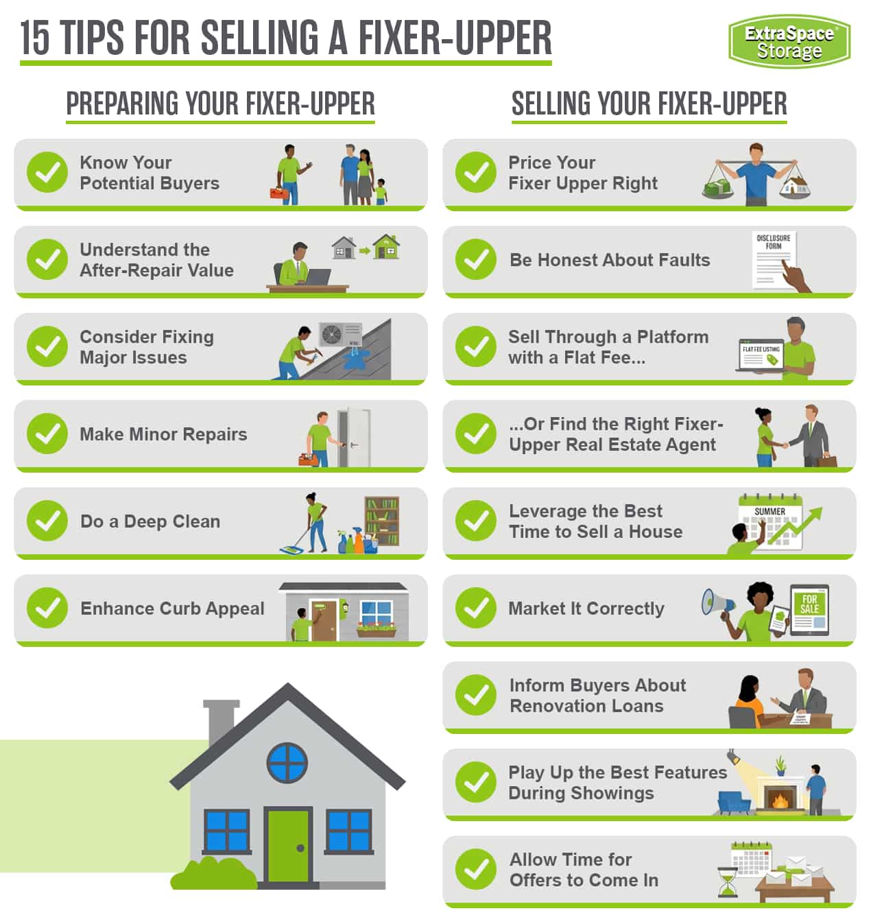 Graphic displaying the 15 tips for selling a fixer upper.