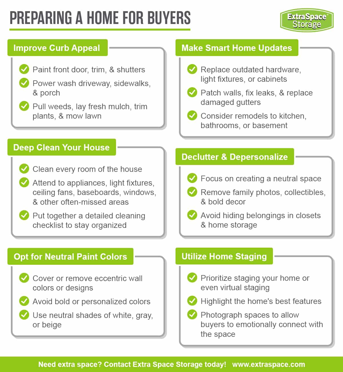 Preparing your home for buyers includes improving curb appeal, making smart home updates, deep cleaning your house, decluttering and depersonalizing, opting for a neutral paint color, and utilizing home staging. 