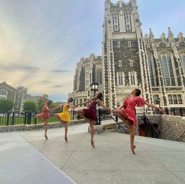 Four ballerinas on point outside. Photo by Instagram user @dancetheatreofharlem