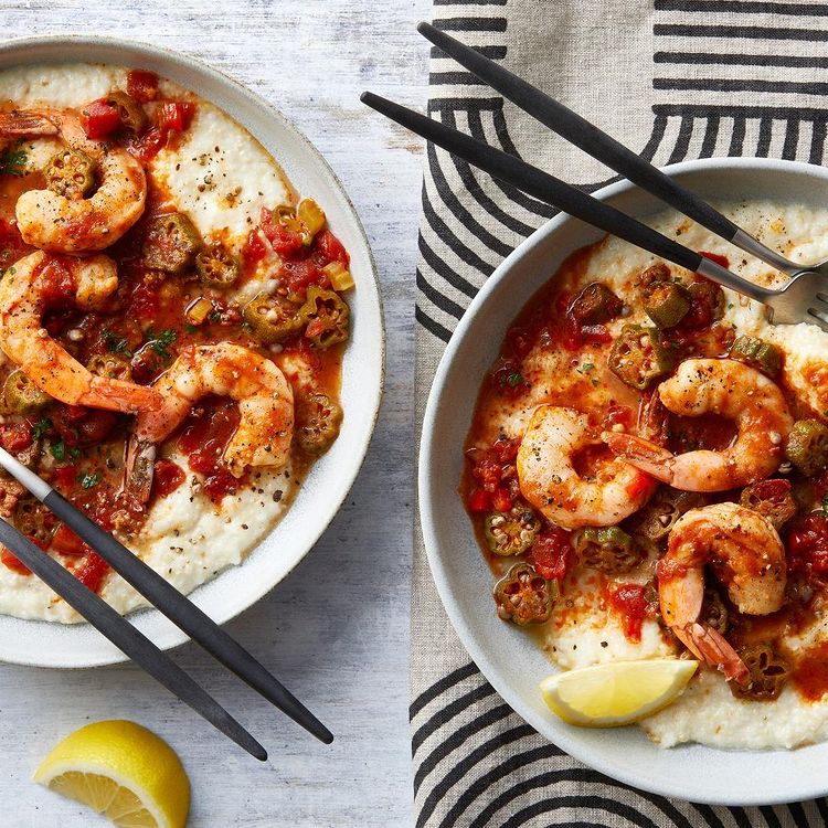 Two bowls of creamy shrimp and grits. Photo by Instagram user @thefreshmarket