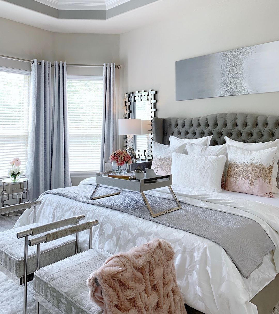 Staged contemporary bedroom. Photo by Instagram user @popsofcolorhome