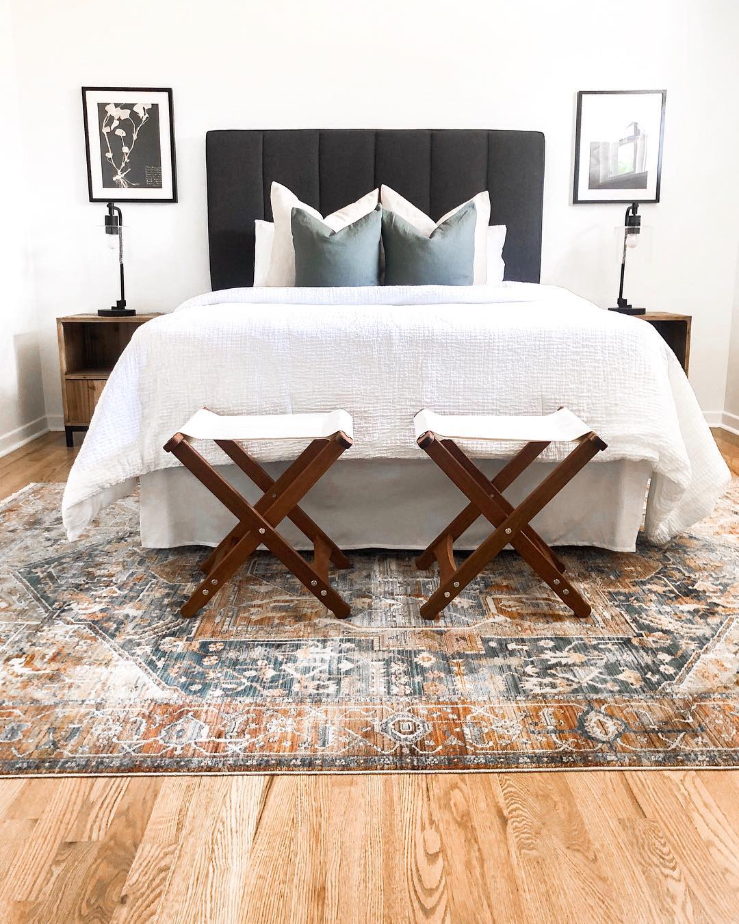 Staged contemporary bedroom. Photo by Instagram user @sagewoodinteriors
