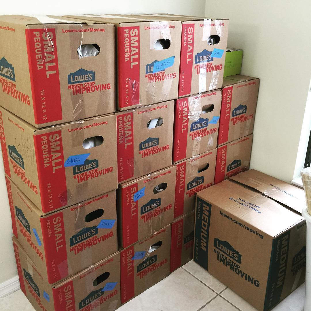 Lowe's moving boxes stacked. Photo by Instagram user @jencatsmiles