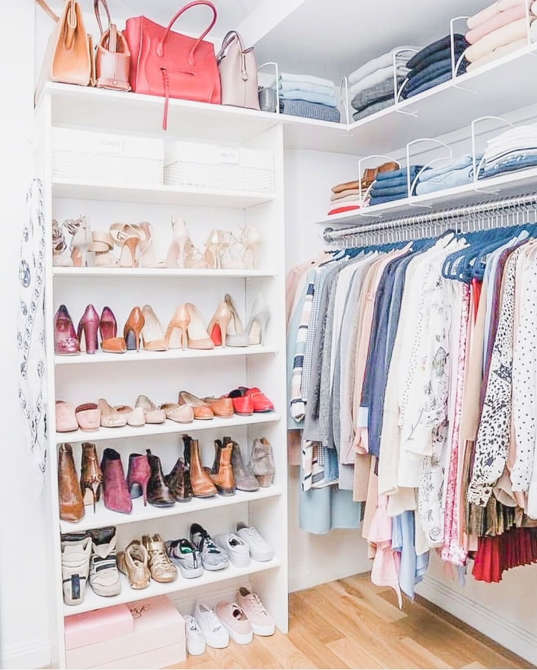 Organized closet with women's clothes and shoes. Photo by Instagram user @simplysamorganized
